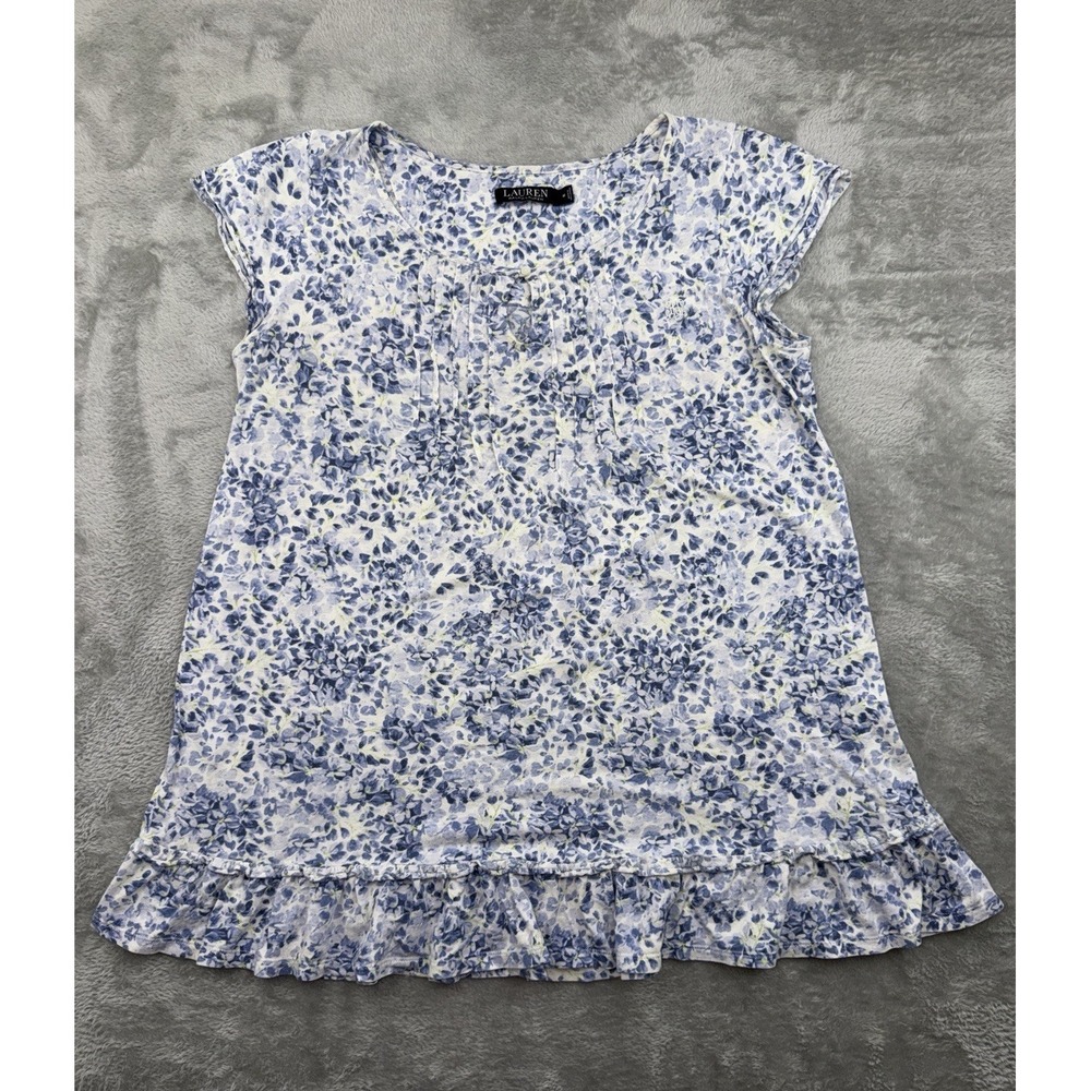 LAUREN Ralph Lauren Womens Size Medium Cotton Blue Floral Ruffled Nightgown